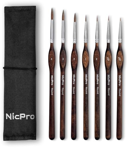 Nicpro 7-teiliges Kolinsky-Zobelhaar Pinselset Malen, professionelle Feine Pinsel mit Stoffrolle, Künstlerpinsel Set, Aquarellpinsel mit runder Spitze für Miniaturen, Acryl, Figurenmalerei, Modellbau