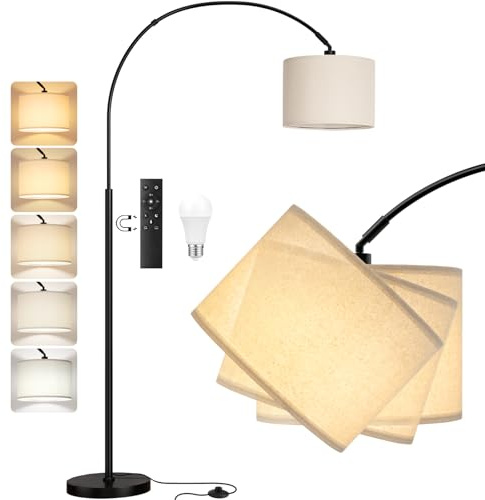PreeOtti Lampada da Terra, LED E27 Lampada AD Arco con Telecomando e Interruttore a Pedale, 180cm Dimmerabile Piantana Lampada da Terra per Soggiorno, Camera, Hotel, Paralume Beige + Base Nero