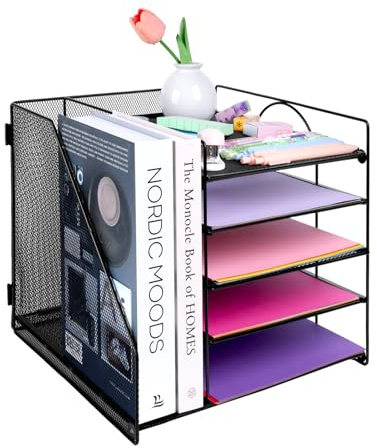 EasyOFC Desk Organiser File Holder, 5-Tier Paper Letter Tray Organiser, Mesh Desktop Storage with Magazine Holder for Office Supplies, Black