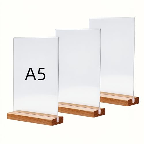 Changyeah 3 pezzi Espositore da tavolo A5 Espositore a forma di L Espositore da tavolo in acrilico con base in legno per pubblicità Espositore con base in legno per matrimonio, ristorante, ufficio