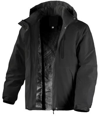 Flyplus Chaqueta de invierno para hombre con forro polar cálido, chaqueta de esquí impermeable, cortavientos, transpirable, con forro polar, capucha extraíble, chaqueta gruesa softshell, Negro, 2XL