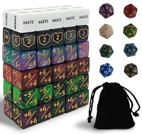 68-teiliges Würfel-Set für TCG, RPG & Brettspiele inkl. Samtbeutel, Kompatibel mit Magic the Gathering und Dungeons & Dragons mit 10 Keyword-Würfeln, 10 Zahlen-Würfeln, 40 Zählwürfeln & 8 W20