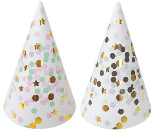Auroriel 12 Piezas Sombreros de Cumpleaños de Punta para Adultos y Niños Papel con Puntos Dorados y Banda Elástica Decoración de Cumpleaños Fiesta de Bebé