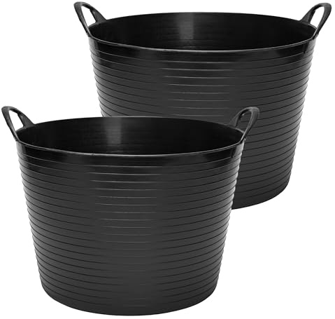 Garronda Pack de 2 Capazo Flexible 42 L para Hogar y Jardín - Cubo Plástico Multiusos con Asas, Cesta, Espuertas de Goma, Barreño Resistente para Albañilería, Limpieza y Transporte GD-0183 (Negro)
