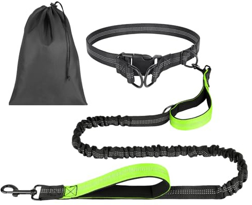 OFFCUP Hands Free Hundkoppel med Vässkor, Hundspringskoppel med Justerbar Midjebälte och Dubbelhandtag för Promenad, Vandring, Träning, Jogging, Midjelänk med Reflekterande Stötar (Grön)