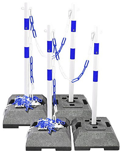 UvV Kettenpfosten blau-weiß 4 x Stahl 42mm Pfosten 20m Kunststoff Absperrkette (8mm) Sperrpfostenset 4 x je 18 kg Fuß