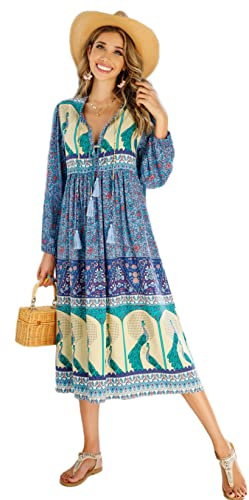 R.Vivimos Femmes Robe de Plage à Manches Longues à imprimé bohème Chic décontracté Robe élégante Midi