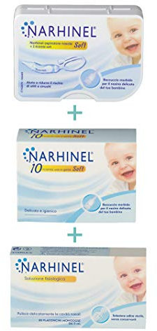 Narhinel KIT per Nasino Chiuso - Linea Narhinel Soft (0 - 2 anni) - Aspiratore Nasale Soft + 10 Ricambi usa e getta Soft + 20 Flaconcini (5 ml) Soluzione Fisiologica