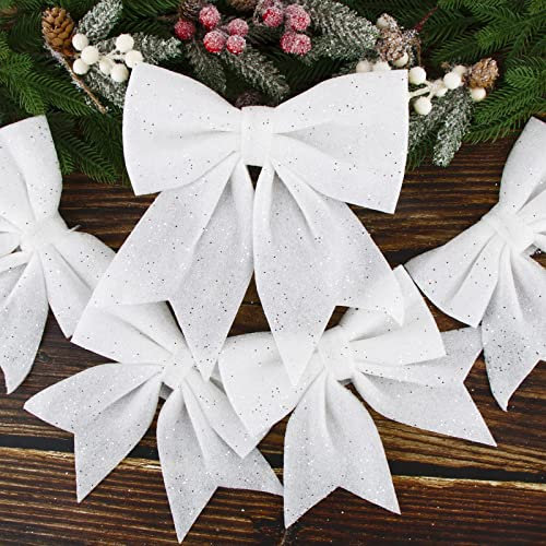 BHGT Large White Glitter Bows for Christmas Tree Decoration- 5PCS Christmas Decorative Bows Christmas Tree Bow Christmas Bows Decorative Xmas Decor Wreath Ornament