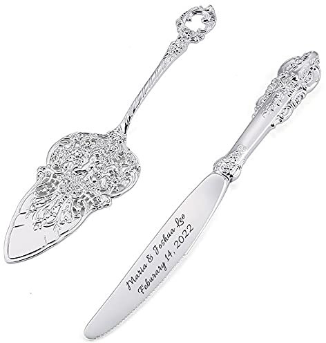 Juego de cuchillo y servidor de pastel de boda real chapados en plata personalizada