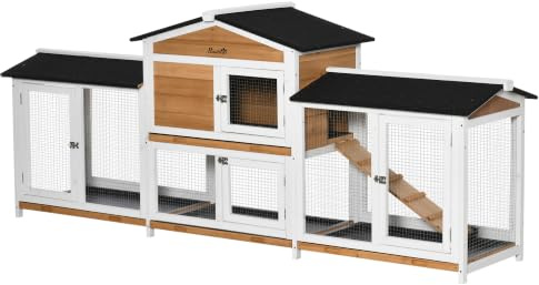PawHut Large Rabbit Hutch Outdoor, 2-Tier with Ramp 230 x 53 x 93.5cm White