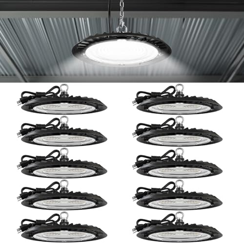 Sunco 10 Pack UFO LED High Bay Light, 150W, 19500 Lumens, 5000k Ultra Bright Commercial Shop Lights for Warehouse, Factory, Workshop, Garage & Barn, Ceiling Mount, Plug & Play, 120V, UL