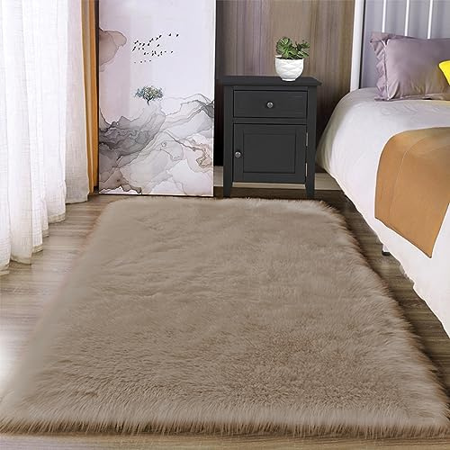 Latepis Alfombra para dormitorio, alfombra de cama para salón, sofá, decoración, color marrón claro, beis, 90 x 150 cm, de pelo sintético, mullida, lavable, alfombra de pelo largo, alfombra Shaggy