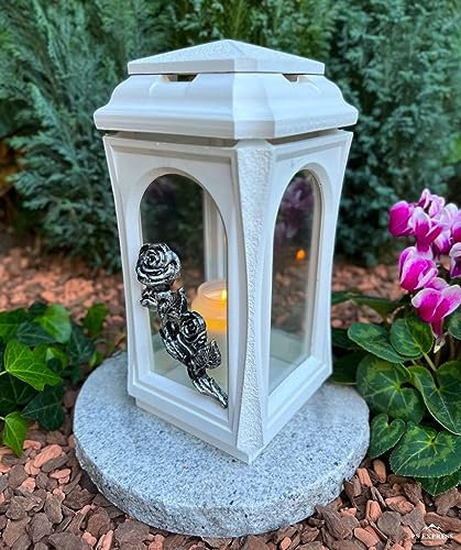 Lanterne funéraire en blanc avec rose - Bougie funéraire - 29 cm de hauteur - Décoration funéraire - Modèle sans socle