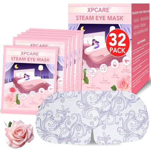 XPCARE 32 Pack Steam Eye Masks for Dry Eyes, SPA Warm Sleep Eye Mask, Disposable Heated Eye Mask for Dark Circles, Puffy Eyes, Relief Stress Eye Fatigue(Rose)
