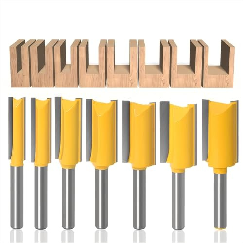 Yuentoen 7-teiliges Nutfräser-Set,6,35mm Schaft (1/4),3-12mmPräzisions-Holzfräser für Oberfräsen,Zweischneidige Geradfräser,Profi-Fräswerkzeug für Nut-Schlitzfräsarbeiten (Gelb)