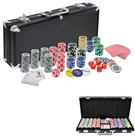 TANYEAR Pokerkoffer Pokerset mit 500 Chips Laser Pokerchips Pokerkarten Poker Chips Poker Komplett Set inkl. 2xPokerdecks, Alu Pokerkoffer, 5xWürfel, 3xDealer Button, Schwarz