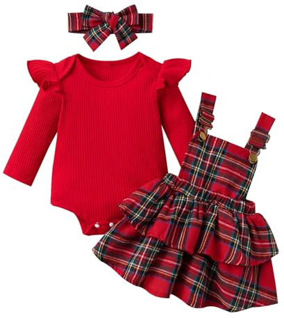 LUVCES Set Gonna Natalizia per Neonata Volant Manica lunga Pagliaccetto Top + Scozzese Bretelle Abito Abbigliamento Bambina Autunno Inverno Vestito Set Rosso Plaid 6-12 Mesi