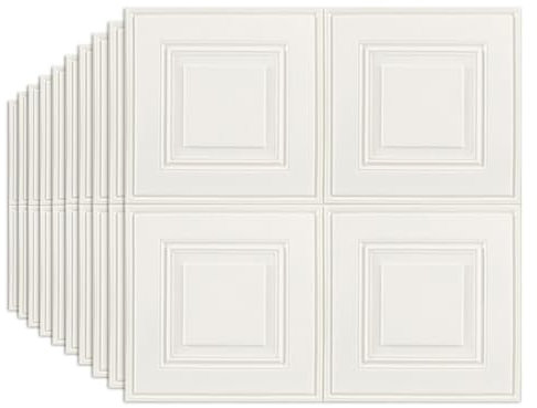 Tarwanear 10pcs Cream White Grid Panels for Walls 70 * 70cm Self Adhesive 3D Wall Panels Peel and Stick 3mm Thick Wall Tiles Waterproof Foam Faux Brick for Ceiling Tiles Kitchen Bathroom