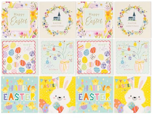 Easter Cards Pack of 24 - Traditional & Religious 6 Assorted Designs with Happy Easter Message Inside - 13.5 x 13.5cm Square Bumper Mixed Greeting Cards
