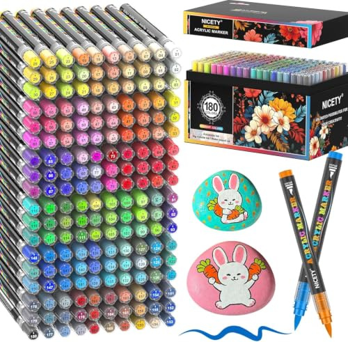 NICETY 180 Rotuladores Acrílicos de Punta Pincel - Set de Marcadores para Pintar sobre Piedra, Madera, Cerámica, Cristal - No Tóxicos, Punta Flexible 1-6mm - Para Adultos, Artistas y Principiantes