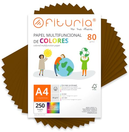 Färgade ark, förpackning med 250 A4-ark 80gr - färgat papper för hantverk, skrivare, scrapbooking - färgglada blad - perfekt för origami, vikning, kontor och skola (brunt, 250 h)