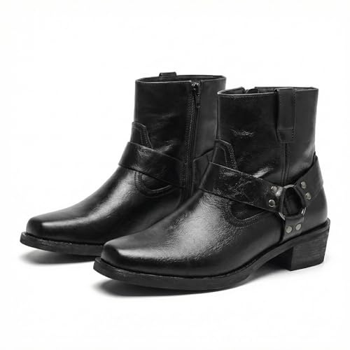 HHMYJUQA Botas Vaqueras para Hombre Bota Western Clásica con Hebilla Metálica Punta Cuadrada Chelsea Botas,Negro,44 EU