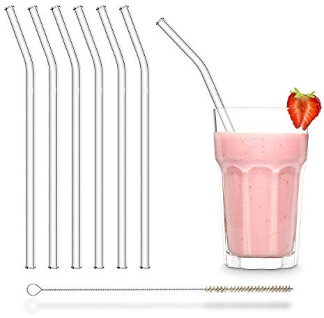 HALM Glasstrohhalme gebogen 6 Stück 23 cm mit Knick + plastikfreie Reinigungsbürste Spülmaschinenfest Wiederverwendbarere geknickte Strohhalme Nachhaltige Glastrinkhalme