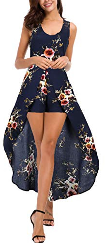 Kormei Womens Sleeveless Scoop Neck Floral Rayon Party Split Maxi Romper Dress S Blue&Flower#2