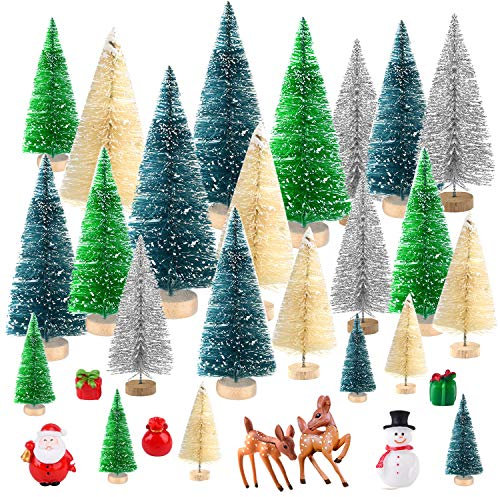 KUUQA 29 Pcs Mini Bottle Brush Trees Sisal Snow Frost Trees with Miniature Figures Snowman, Reindeer, Santa Claus, Box Winter Snow Ornaments for Christmas Decorations