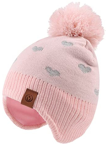 XIAOHAWANG - Berretto Invernale per Bambini con Pompon Cappello Cuore Rosa 8-24 Mesi