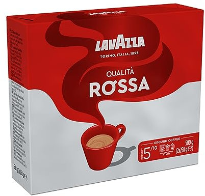 Lavazza, Qualità Rossa, Café Molido Natural, 2 Paquetes de 250 g, Ideal para Cafetera Italiana, de Filtro y Francesa, con Notas Aromáticas de Chocolate, Arábica y Robusta, Intensidad 5, Tueste Medio