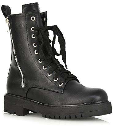 ESSEX GLAM Womens Black Lace Up Biker Boots Ladies Zippers Grip Sole Faux Leather Casual Combat Booties Size 3-8