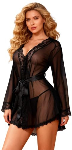 comeondear Women's Lace Robes Mesh Dressing Gown Plus Size Sexy Lingerie | XS-4XL Curves Friendly, Sheer Kimono, Knee-length Short Babydoll, Front Open Collar, Flared Sleeves, with Belt & G-String