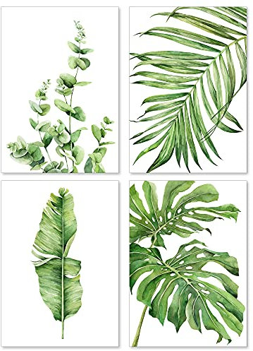 A&M Natural Living Botanical Prints - Set Of 4 Unframed A5 Watercolour Green Botanical Poster Leaf Pictures Wall Art, Home Decor For Bathroom, Kitchen, Living Room