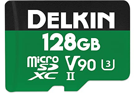 Delkin Devices 128GB Power Micro SD Card UHS-II (U3/V90) - 300MB/s Read, 250MB/s Write, 8K, 4K, 3D, HDR, 360º Recording | Micro SD Card 128GB with SD Adapter