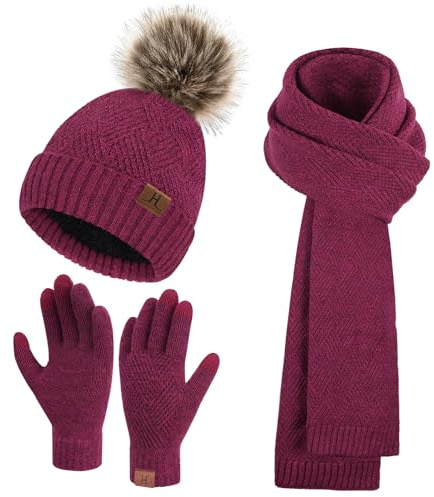 Bequemer Laden Donna Invernali Cappello Berretto con PON PON Lunga Sciarpa Sciarpe Touch Screen Guanti Set con Fodera in Pile, Regalo Donna