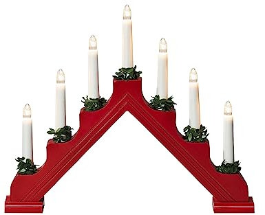 Konstsmide Christmas Lights/Traditional Bridge/Wood with Decorations Use (IP20)/230V Indoor/7 Candles with Clear Bulbs/White Cable with On Off Switch, Red, One Size