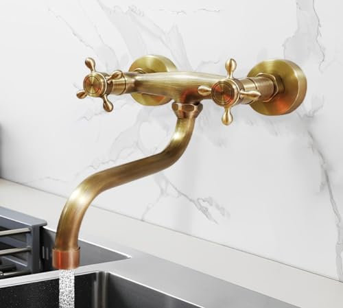 KOPYFANTAP Küchenarmatur Messing Wandmontage, Wand Wasserhahn Küche Bronze Antik, 360°Drehbar Doppelhebel Wandarmatur Retro, Wand Wasserhahn Spültischarmatur für Badezimmer