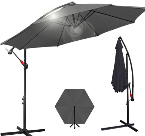 Joparri Sonnenschirm Grau Ø 350 cm mit Kurbel| Ampelschirm mit Ständer | Gartenschirm Sonnenschutz UV-Schutz Aluminium | Kurbelschirm Marktschirm wasserdicht