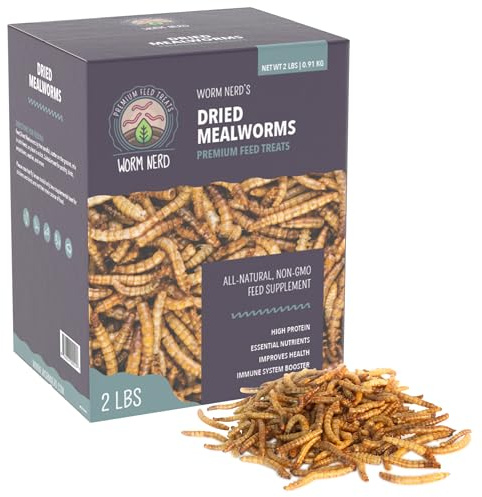 Worm Nerd WN59 2LB Dried Mealworms Non-GMO High Protein and Fiber Treat for Chickens, Birds, Reptiles, Amphibians, Fish