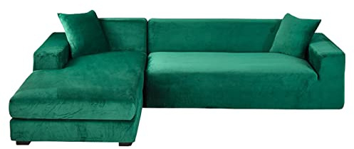 GUYIRT Samt Sofabezug L Form, 2-teiliger Stretch L Form Sofa überzug rutschfest Couchbezug L Form Weicher Möbelschutz Für Ecksofa -Grün-3+2 Sitzer