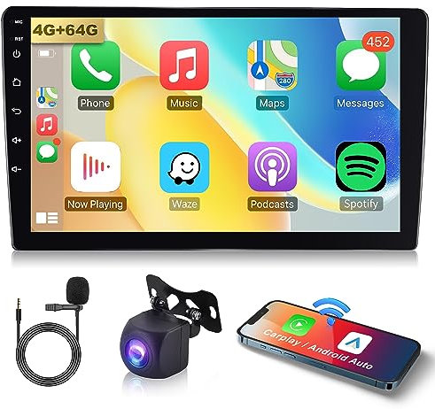 4G+64G 8 Core Android 13 Autoradio 2 Din mit Apple Carplay Android Auto GPS Navi WiFi 9 Zoll Touchscreen Autoradio mit Mirror Link Bluetooth FM/RDS USB/DAB/OBD/DVR/EQ Lenkradsteuerung Rückfahrkamera