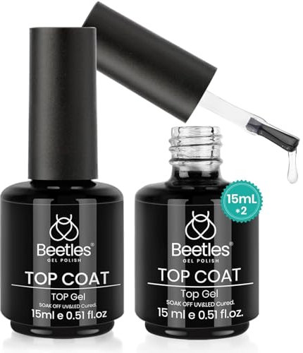 Beetles Esmalte de uñas en gel de 2 piezas, 15 ml sin necesidad de limpieza de alto brillo brillante de larga duración transparente capa superior esmalte de uñas en gel remojo lámpara manicura