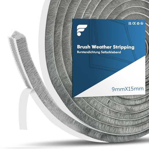 shinfly Guarnizione a Spazzola Autoadesiva 10Metri, 9 mm(L) x 15mm(P) Paraspifferi Spazzola l'isolamento dalla Polvere, Rumore, Mosche e dal Vento per Finestre e Porta Scorrevole (Grigio,10M)