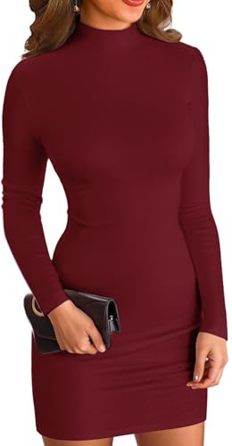 ELFIN Vestido Bodycon para mujer de manga larga con cuello redondo, minivestido acanalado, vestido básico ajustado de una sola pieza, de otoño, vestido de punto, vestido de ocio, borgoña, S