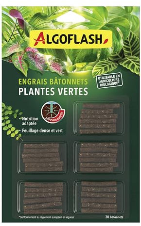 Algoflash Bâtonnets Engrais Plantes Vertes, Utilisable en Agriculture Biologique - 30 Bâtonnets, Marron