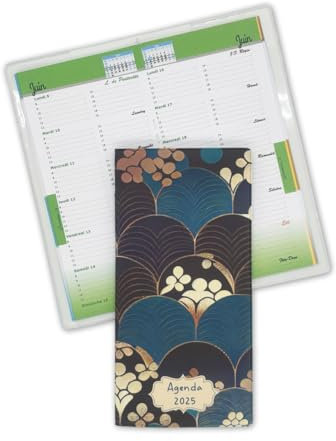 Nemau - Agenda de Poche 2025 Semainier - Format 9x18 cm - Petit Agenda de Janvier à Décembre 2025 - Fabrication Française - Couverture en Gomme Expansée - Modèle Art Déco