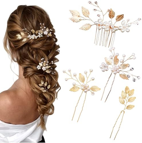 Yeomju 4 Stück Braut Haarnadeln Goldene Blätter Kristall Perlen Vintage Kopfstück Hochzeit Haaraccessoires Schmuck Mit Strass Für Bräute Brautjungfern (4 Stile)
