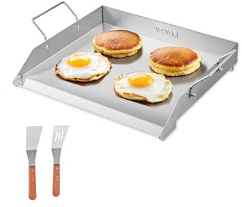 VEVOR Parrilla de Acero Inoxidable con Placa Rectangular Universal(448 x 370 mm) con Superficie Plana, Parrilla de Gas para Barbacoa, Utensilios de Cocina Familiares con Mango, Acero Original